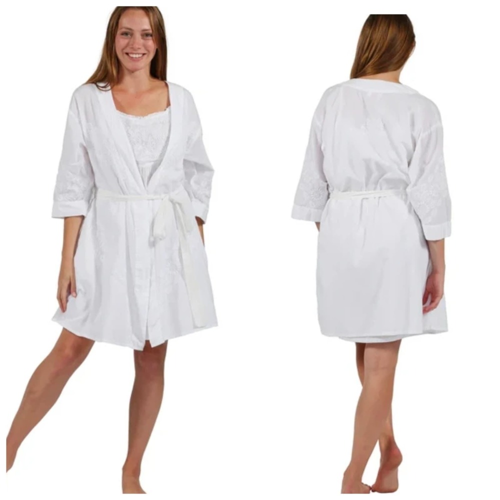 La Cera Womens White 100% Cotton Embroidered Short Robe Tie Belt‎ 1087F White